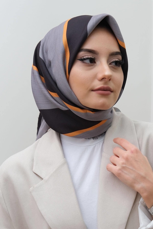 Çizgili Desen Gri Pamuk Eşarp - 1
