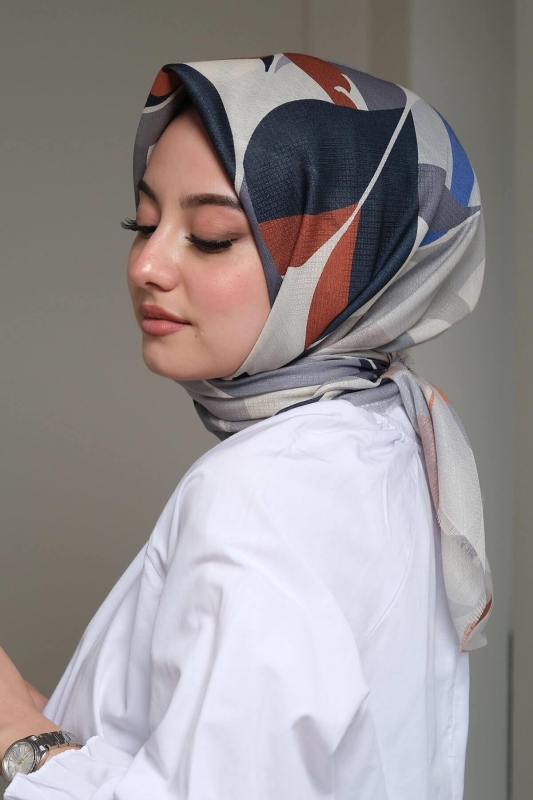Yaprak Desen Mavi Pamuk Eşarp - 2