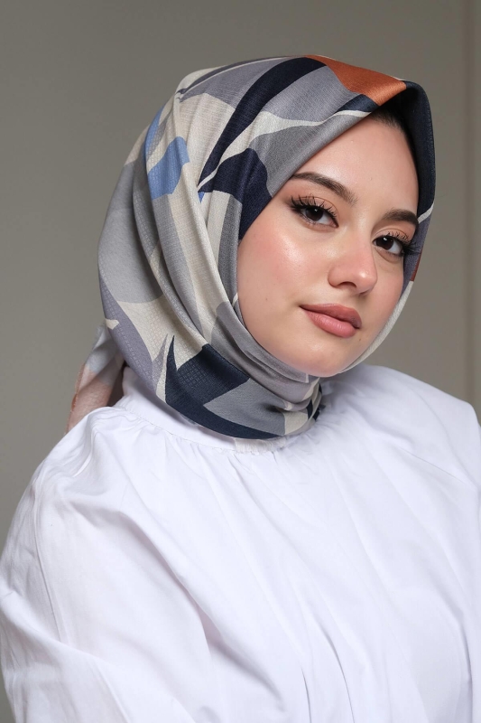 Yaprak Desen Mavi Pamuk Eşarp - 1