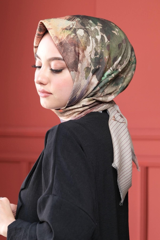 Doğa Desen Gri Pamuk Eşarp - 1