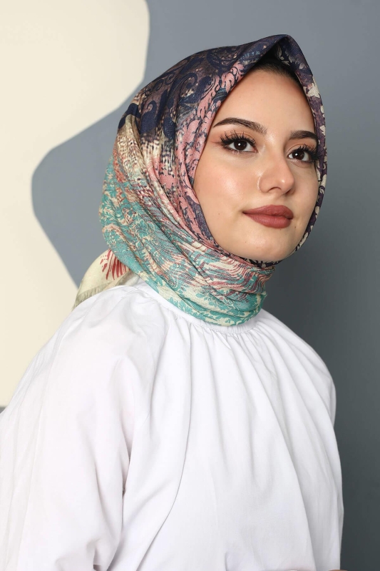 Türk Motifleri Desen Açık Gri Pamuk Eşarp - 2