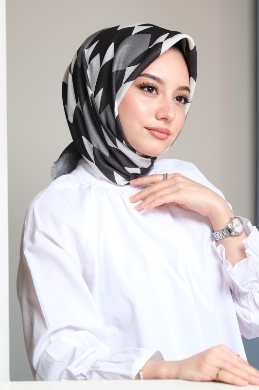 Geometrik Desen Siyah - Beyaz Pamuk Eşarp - 1