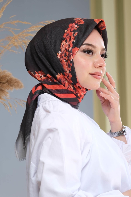 Çiçek Desen Kırmızı Pamuk Eşarp - 1