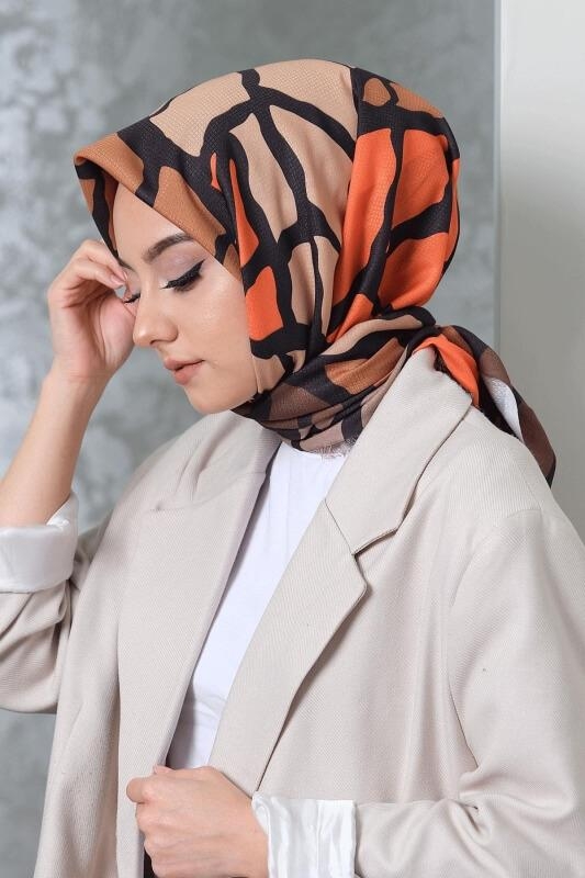 Dallı Desen Turuncu Pamuk Eşarp - 1