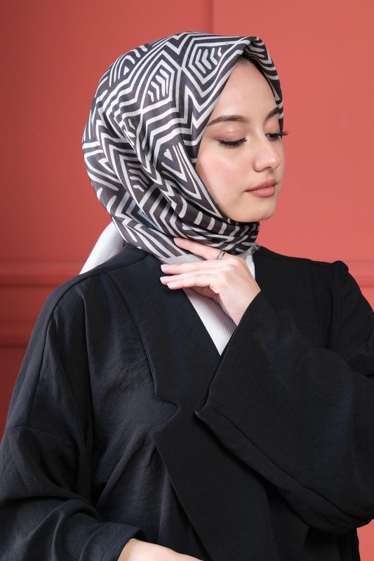 Geometrik Desen Siyah Pamuk Eşarp - 4