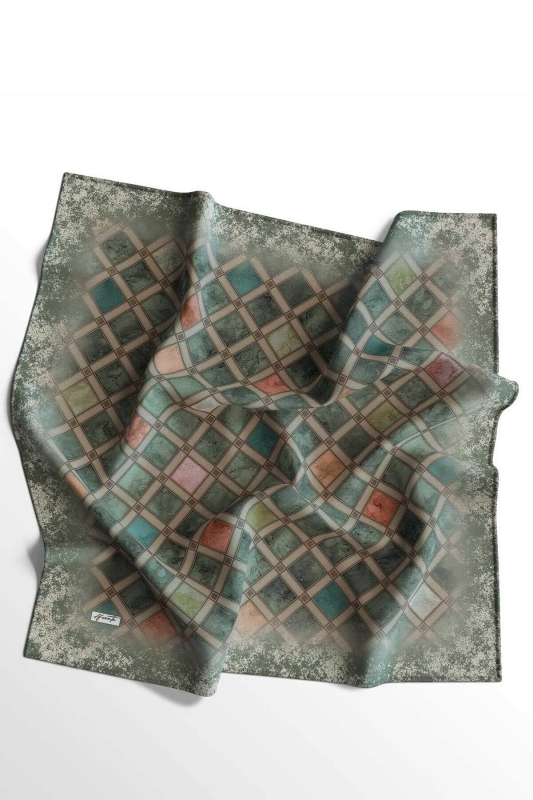 Geometrik Desen Yeşil Pamuk Eşarp - 5