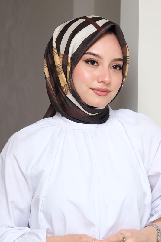 Ekose Desen Kahverengi Pamuk Eşarp - 1