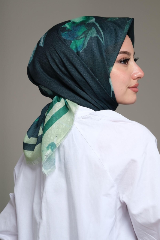 Yaprak Desen Yeşil Pamuk Eşarp - 2