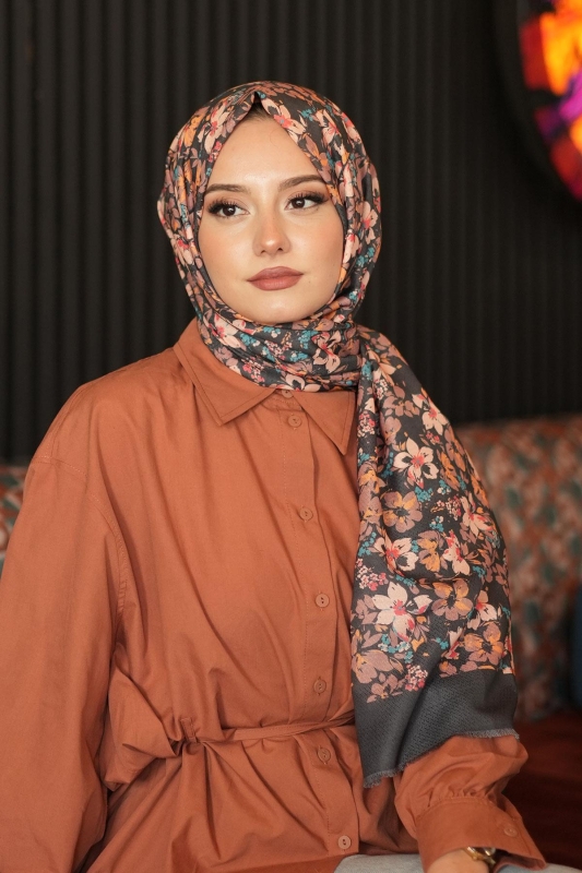 Akışkan Çiçek Desen Karamel Pamuk Şal - Afvente