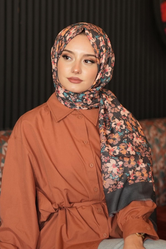 Akışkan Çiçek Desen Karamel Pamuk Şal - 4
