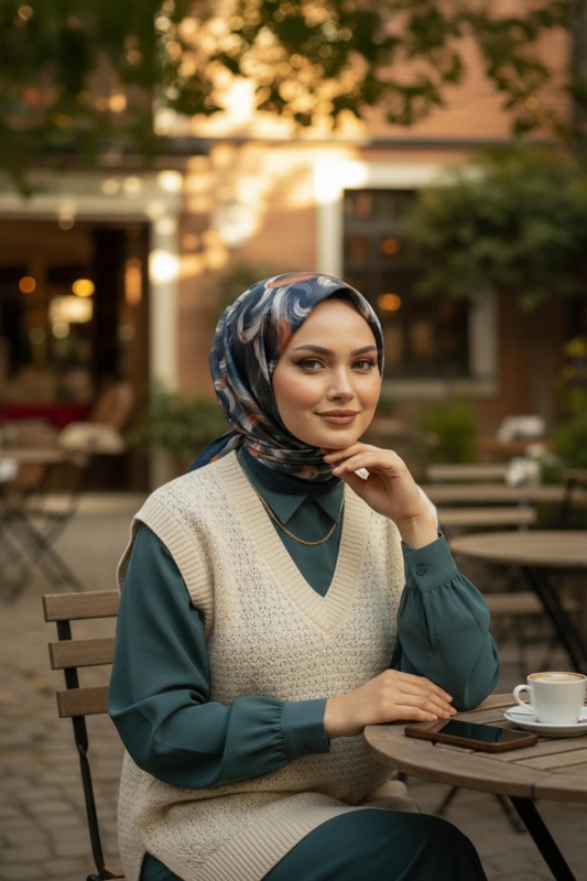 Dalga Desen Turuncu Pamuk Eşarp - 2