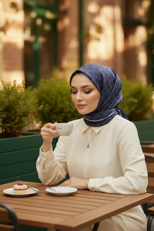 Elmas Motif Desen Lacivert Pamuk Eşarp - Afvente