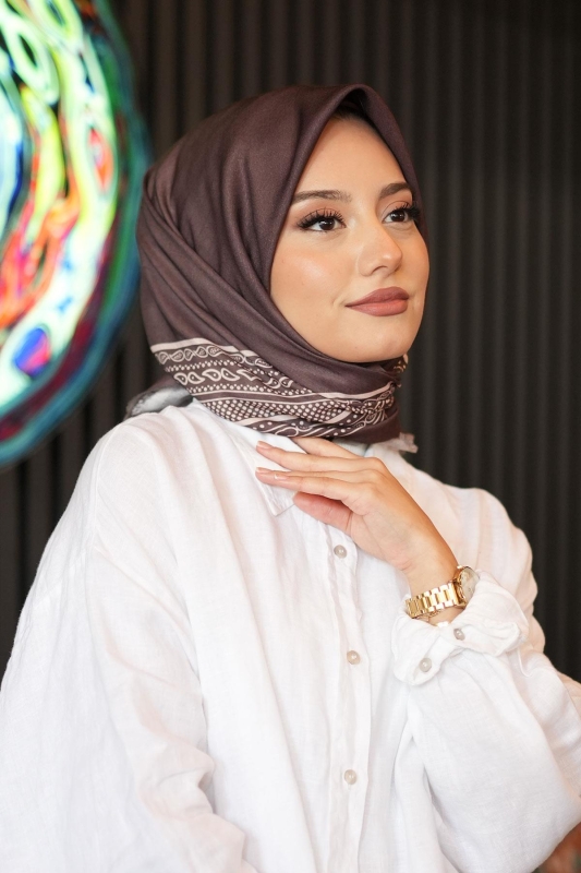 Etnik Bordür Desen Acı Kahve Pamuk Eşarp - Afvente