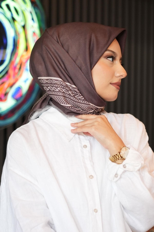 Etnik Bordür Desen Acı Kahve Pamuk Eşarp - 2