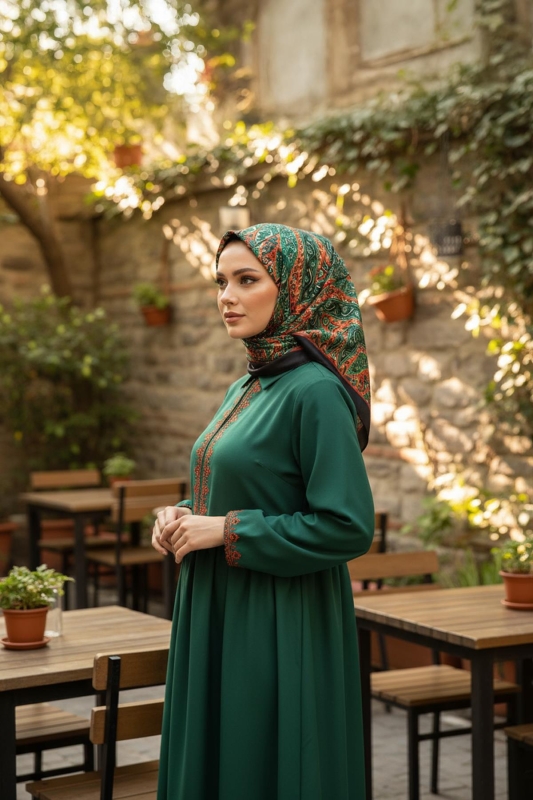 Etnik Yıldız Desen Zümrüt Pamuk Eşarp - Afvente