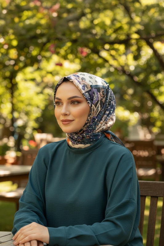 Floral Desen Petrol Pamuk Eşarp - Afvente