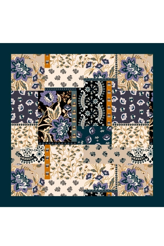 Floral Desen Petrol Pamuk Eşarp - 2