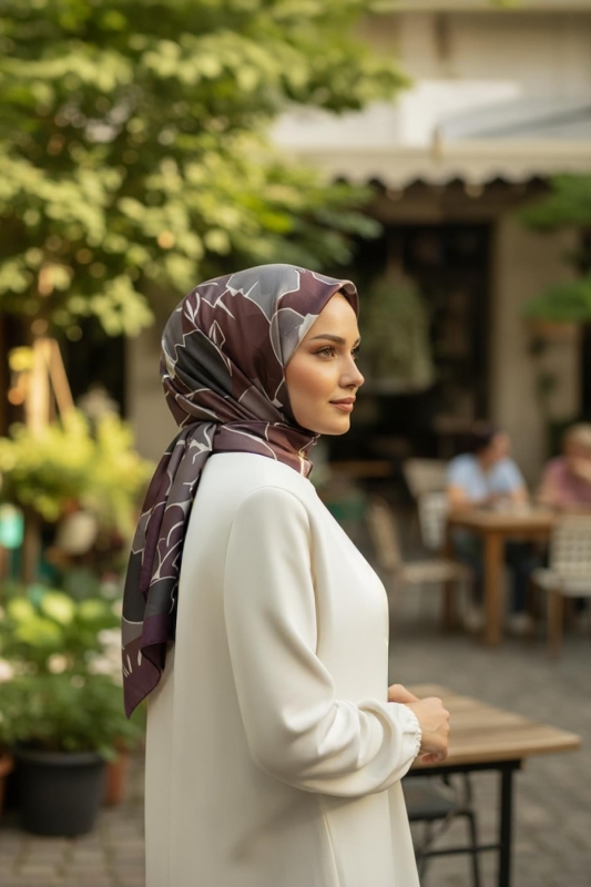 Gölge Çiçek Desen Mürdüm Soft Pamuk Eşarp - 1