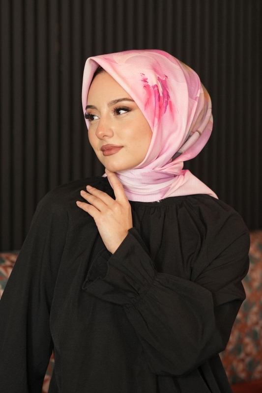 Gül Desen Pembe Pamuk Eşarp - 1