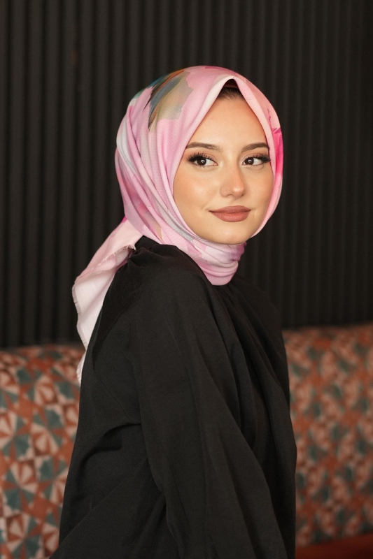 Gül Desen Pembe Pamuk Eşarp - 3