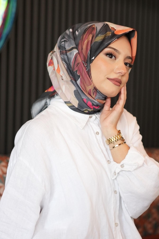 Gül Desen Turuncu Pamuk Eşarp - 2