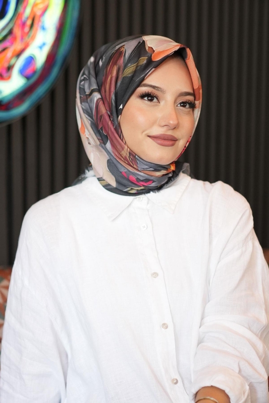Gül Desen Turuncu Pamuk Eşarp - 3
