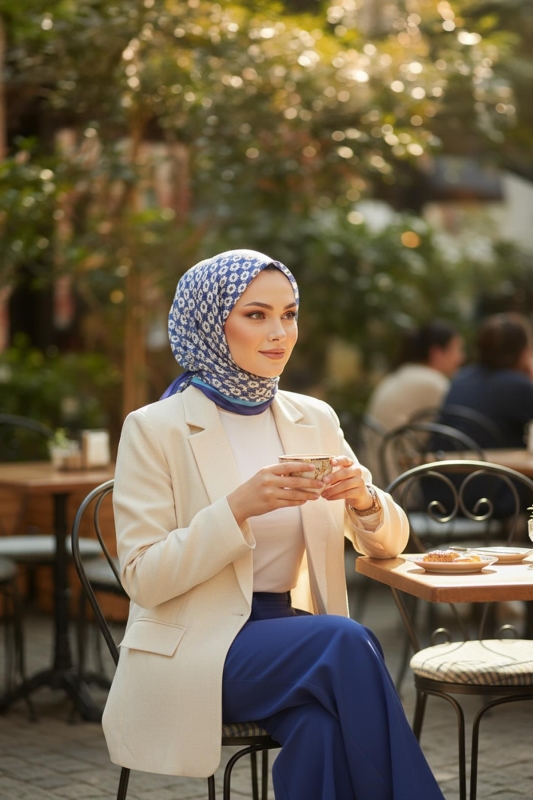 İznik Dokusu Desen Buz Mavi Pamuk Eşarp - Afvente