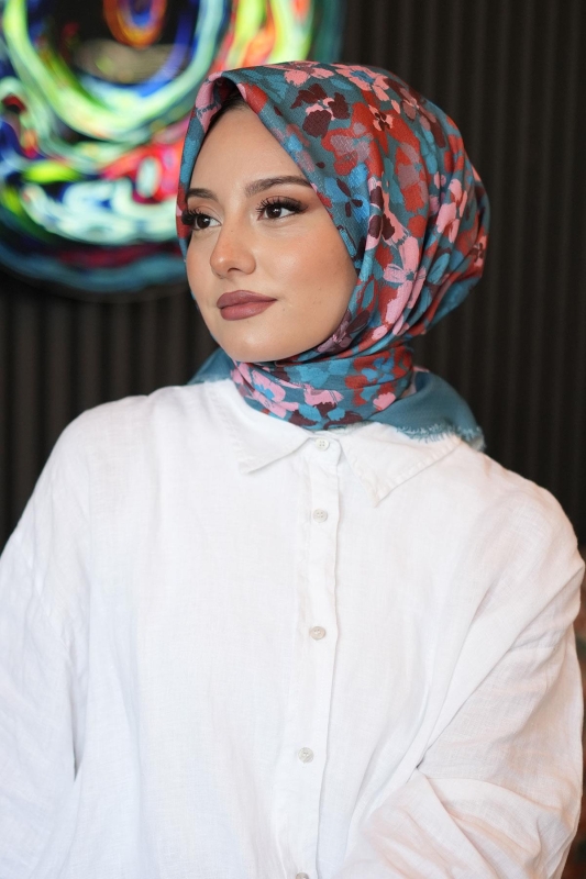 Kiraz Çiçeği Desen Mavi Pamuk Eşarp - 1