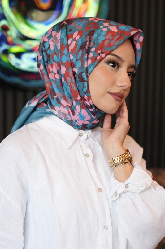 Kiraz Çiçeği Desen Mavi Soft Pamuk Eşarp - 2