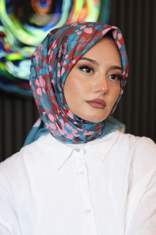 Kiraz Çiçeği Desen Mavi Soft Pamuk Eşarp - 3