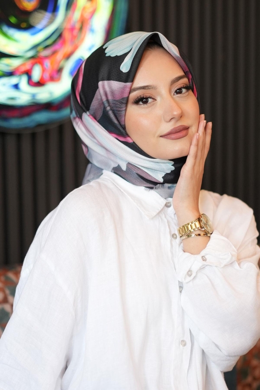 Lale Desen Antrasit Pamuk Eşarp - 2