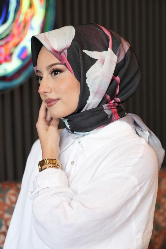 Lale Desen Antrasit Pamuk Eşarp - 3