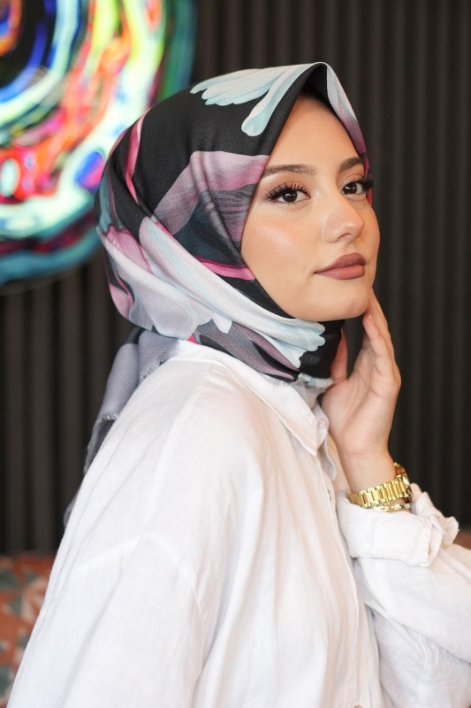 Lale Desen Antrasit Pamuk Eşarp - 1