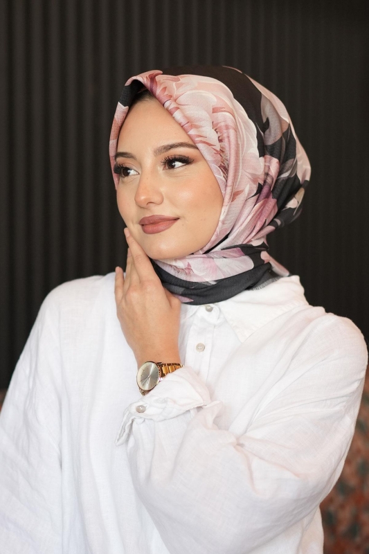 Lotus Desen Açık Pembe Pamuk Eşarp - Afvente