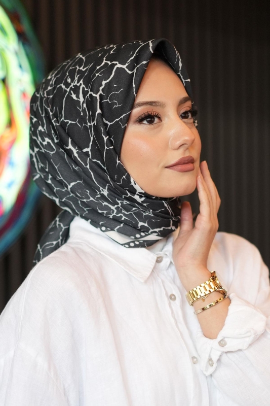Mermer Desen Beyaz Pamuk Eşarp - 3