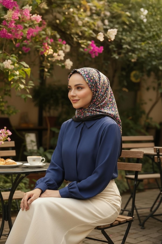 Mini Çiçek Desen Fuşya Pamuk Eşarp - Afvente