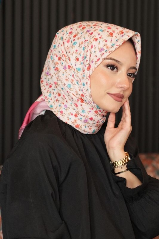 Mini Çiçek Desen Mercan Pamuk Eşarp - 2