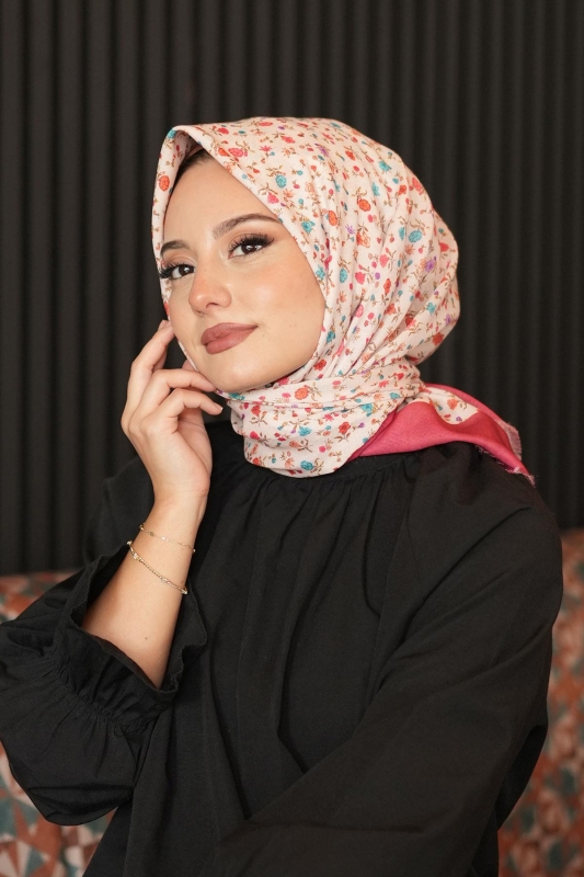 Mini Çiçek Desen Mercan Pamuk Eşarp - 3