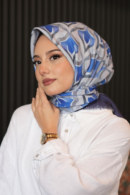 Mozaik Desen Lacivert Pamuk Eşarp - 1