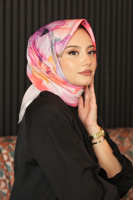 Orkide Desen Pudra Pamuk Eşarp - 3