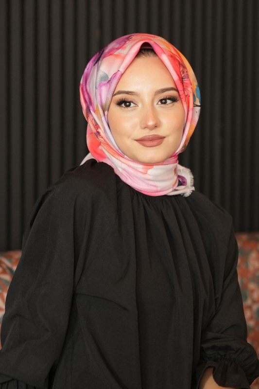 Orkide Desen Pudra Pamuk Eşarp - 4
