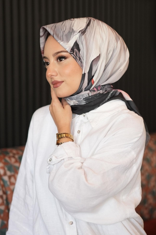 Papatya Desen Gri Pamuk Eşarp - Afvente