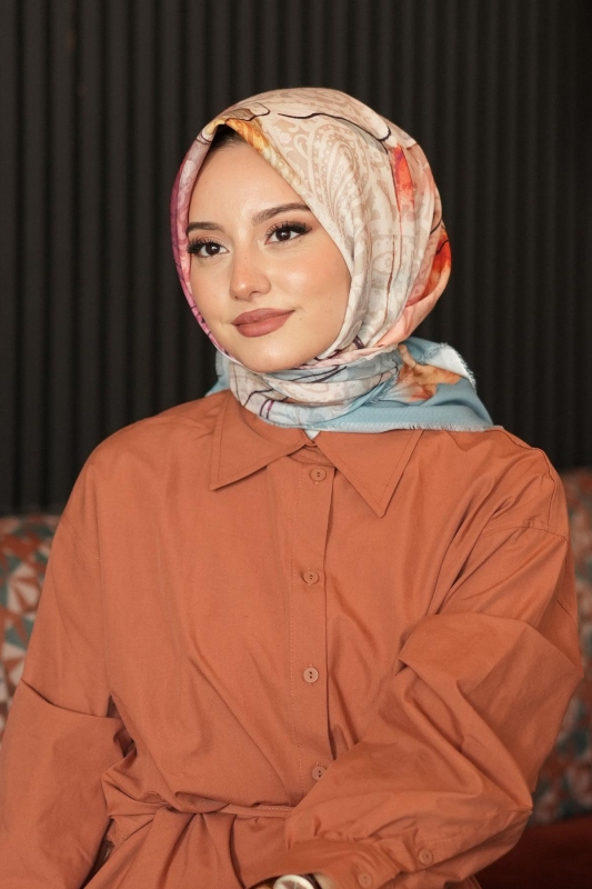 Soyut Çiçek Desen Çağla Pamuk Eşarp - 2