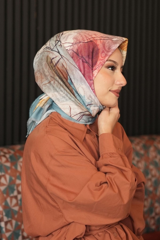 Soyut Çiçek Desen Çağla Pamuk Eşarp - 3