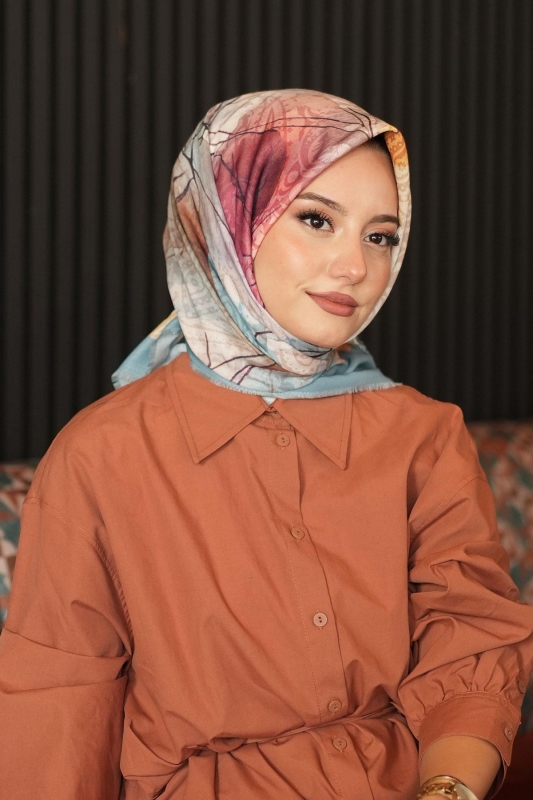 Soyut Çiçek Desen Çağla Pamuk Eşarp - Afvente