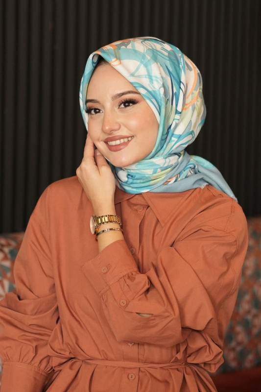 Soyut Yaprak Desen Mint Pamuk Eşarp - 2