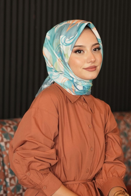 Soyut Yaprak Desen Mint Pamuk Eşarp - 3