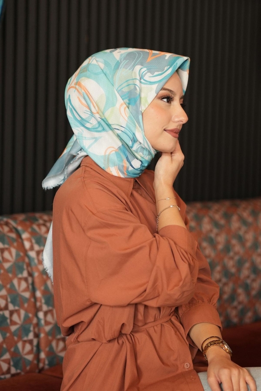 Soyut Yaprak Desen Mint Pamuk Eşarp - 4