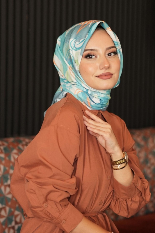 Soyut Yaprak Desen Mint Pamuk Eşarp - Afvente