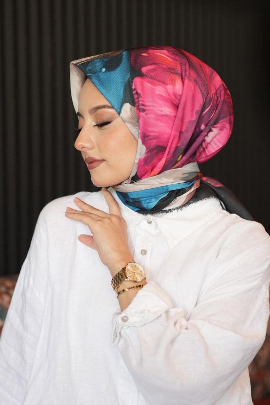 Tropikal Çiçek Desen Fuşya Pamuk Eşarp - Afvente